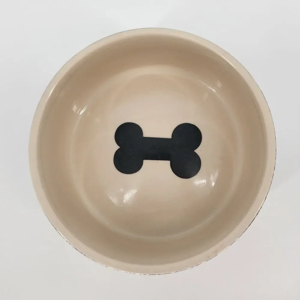Stoneware Dog Water Dish – Black & Cream with Bone Design